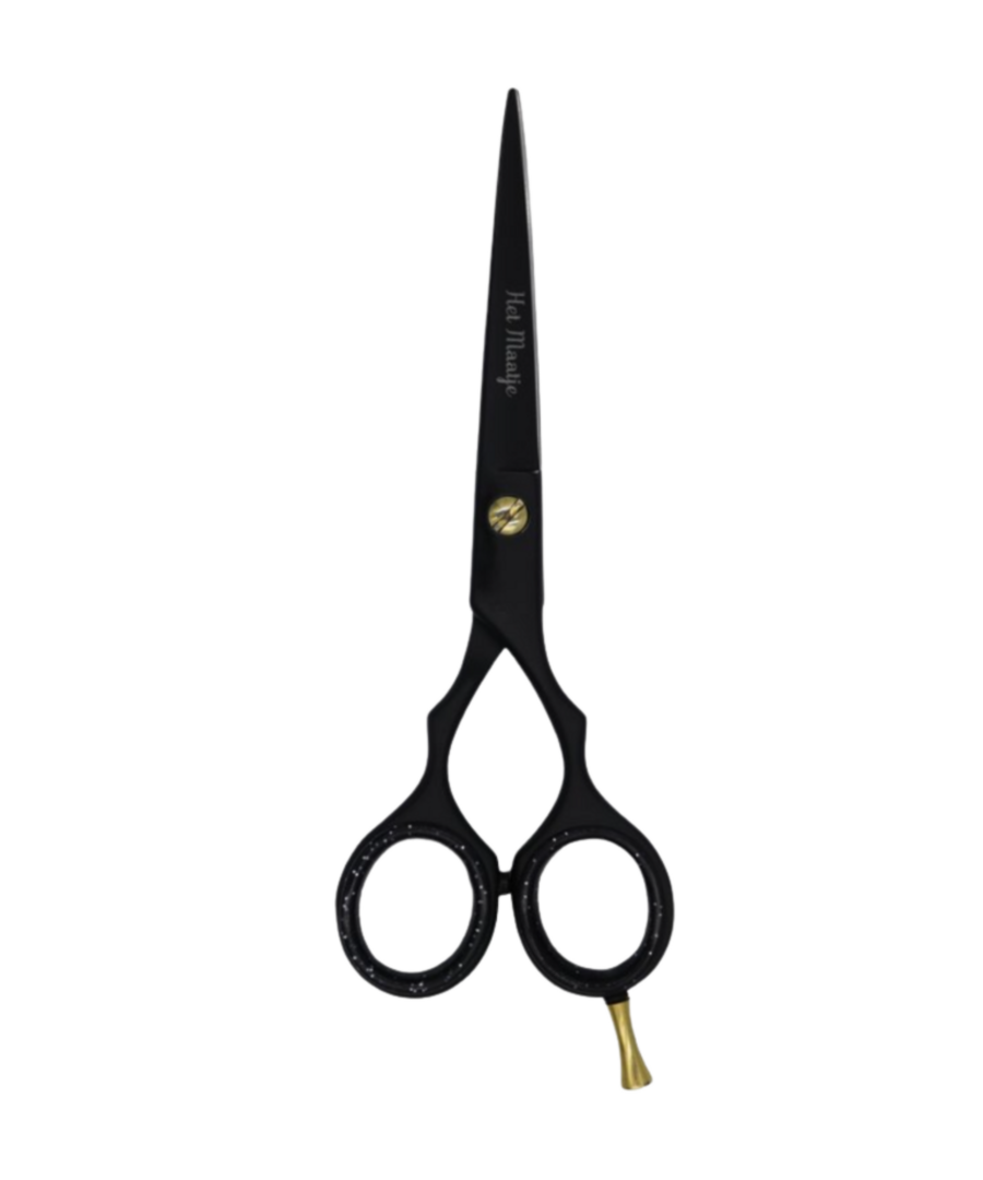 Rechte trimschaar 16,5 cm (6,5 inch) Het Maatje satin steel mat zwart, inclusief etui, stelschroef, demper en pinksteun