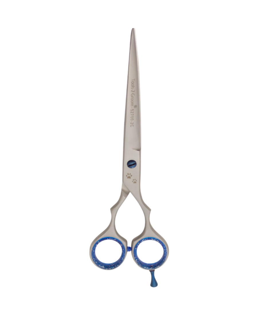 Gebogen trimschaar Sharp Edge 18 cm (7″) met stelschroef, demper, silicone inzetringen en pinksteun – ideaal voor randen en poten