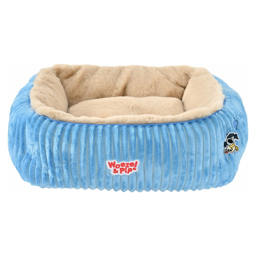 Woezel & Pip divan corduroy vierkant blauw – zachte pluche binnenkant, opstaande rand en tweezijdig kussen – maat 50 of 60 cm