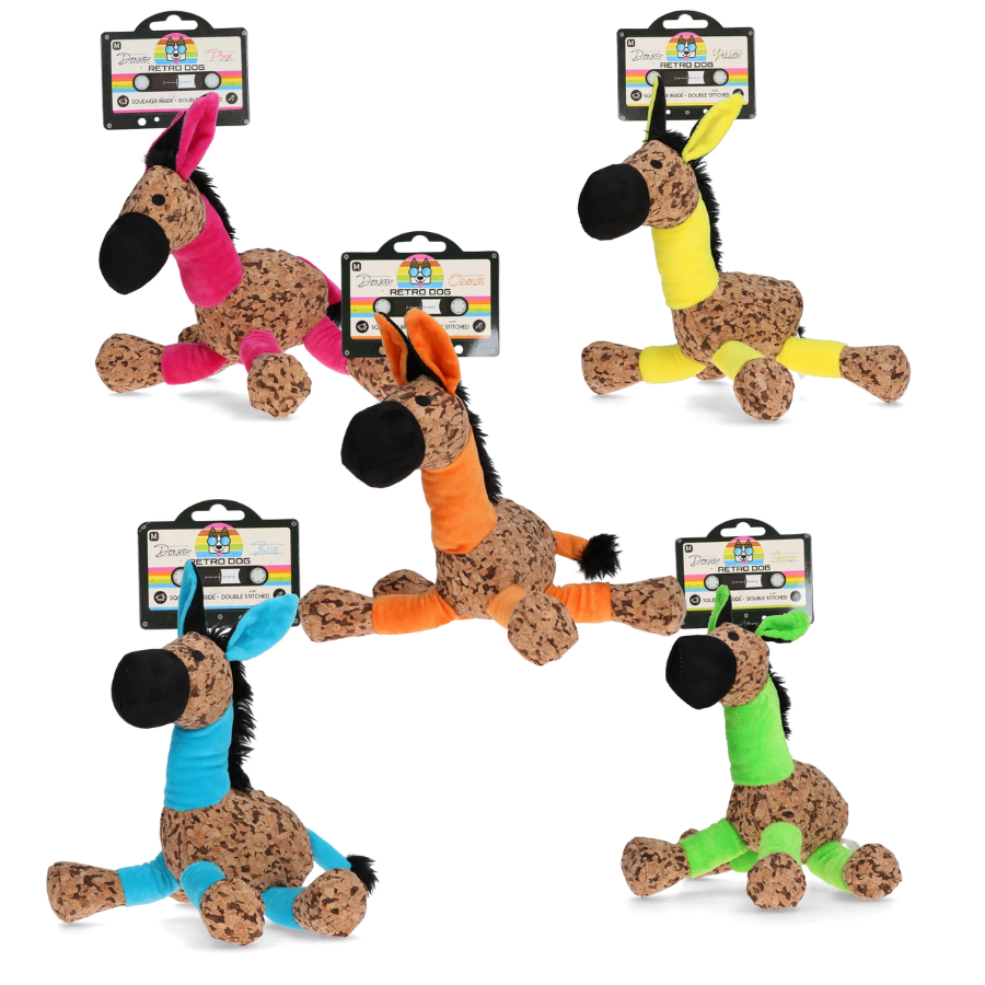 Retrodog Donkey roze hondenspeeltje maat M met pieper en retro kurk-look