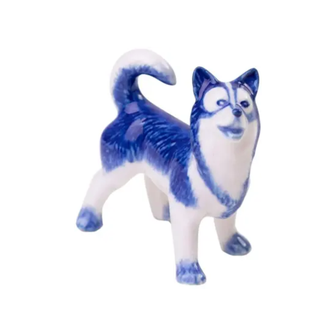 Heinen Delfts Blauw miniatuur husky ornament van keramiek – blauw wit beeldje 5,5 cm