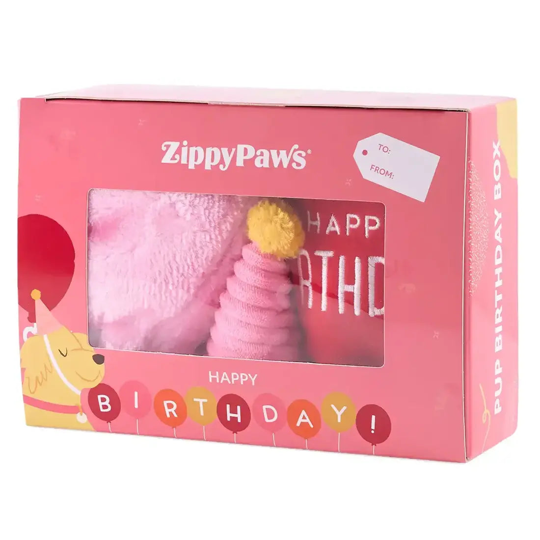 ZippyPaws Pup Birthday Box Pink – Verjaardagsspeelset voor Honden (Taart, Ballon & Feesthoedje)