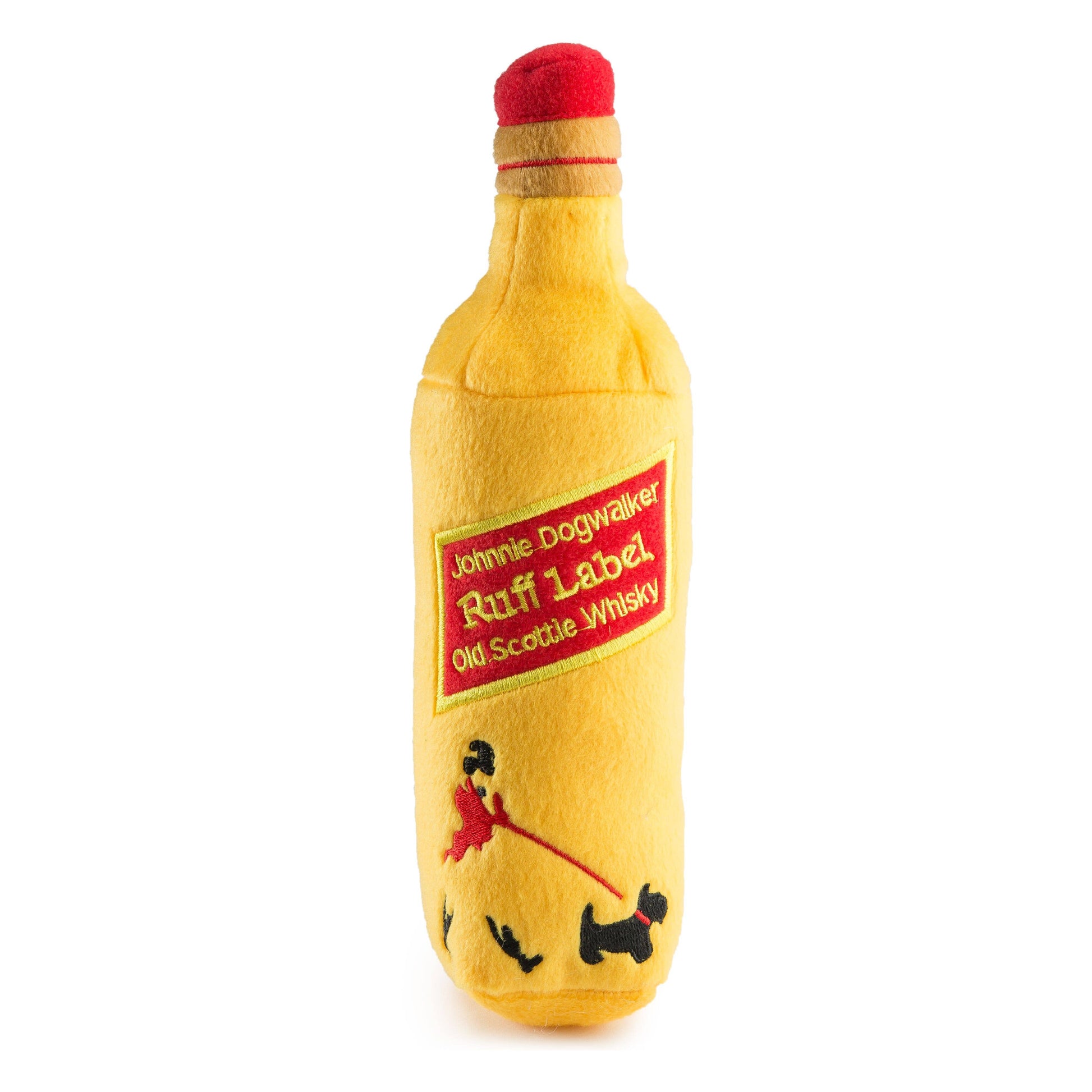 Johnnie Dogwalker Squeaker – luxe pluche hondenspeelgoed in whisky-fles vorm met pieper voor stijlvolle pups