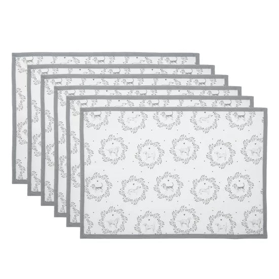 Clayre & Eef katoenen placemat met hondenprint wit grijs 48x33 cm