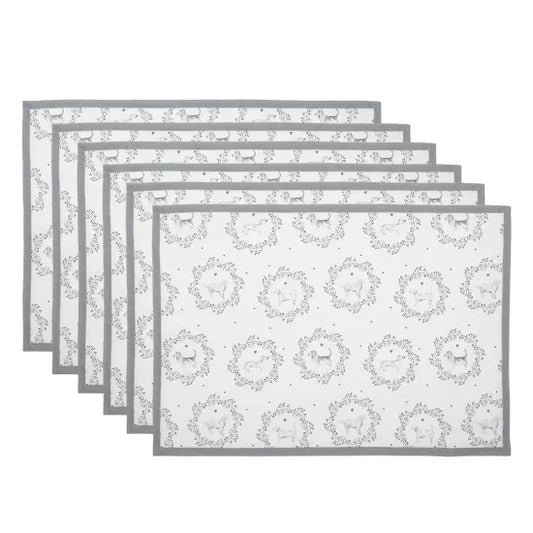 Clayre & Eef katoenen placemat met hondenprint wit grijs 48x33 cm