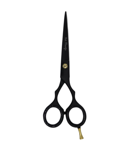 Rechte trimschaar 15 cm (het Maatje) mat zwart satin steel met etui, stelschroef en demper