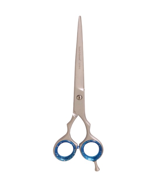Rechte trimschaar Sharp Edge 18 cm satin steel met stelschroef, demper, siliconen inzetringen en pinksteun