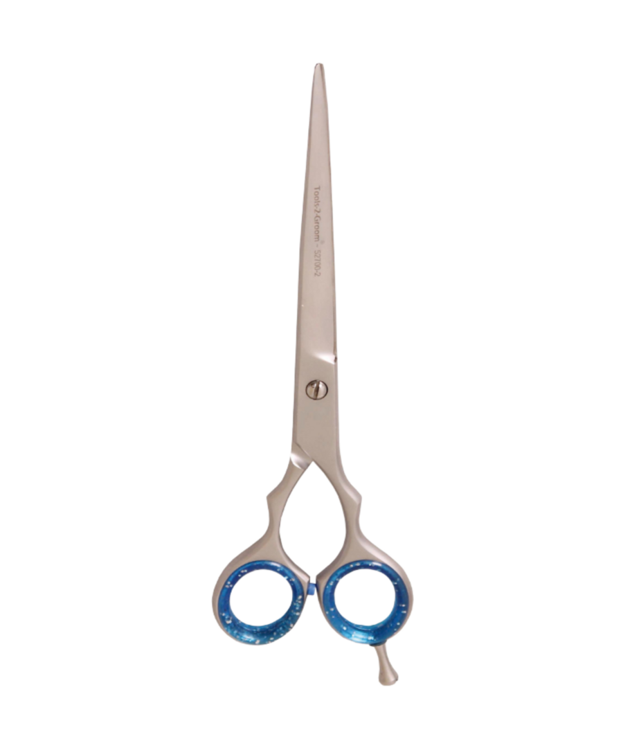 Rechte trimschaar Sharp Edge 19 cm (7,5 inch) satin steel met stelschroef, demper, siliconen inzetringen en pinksteun