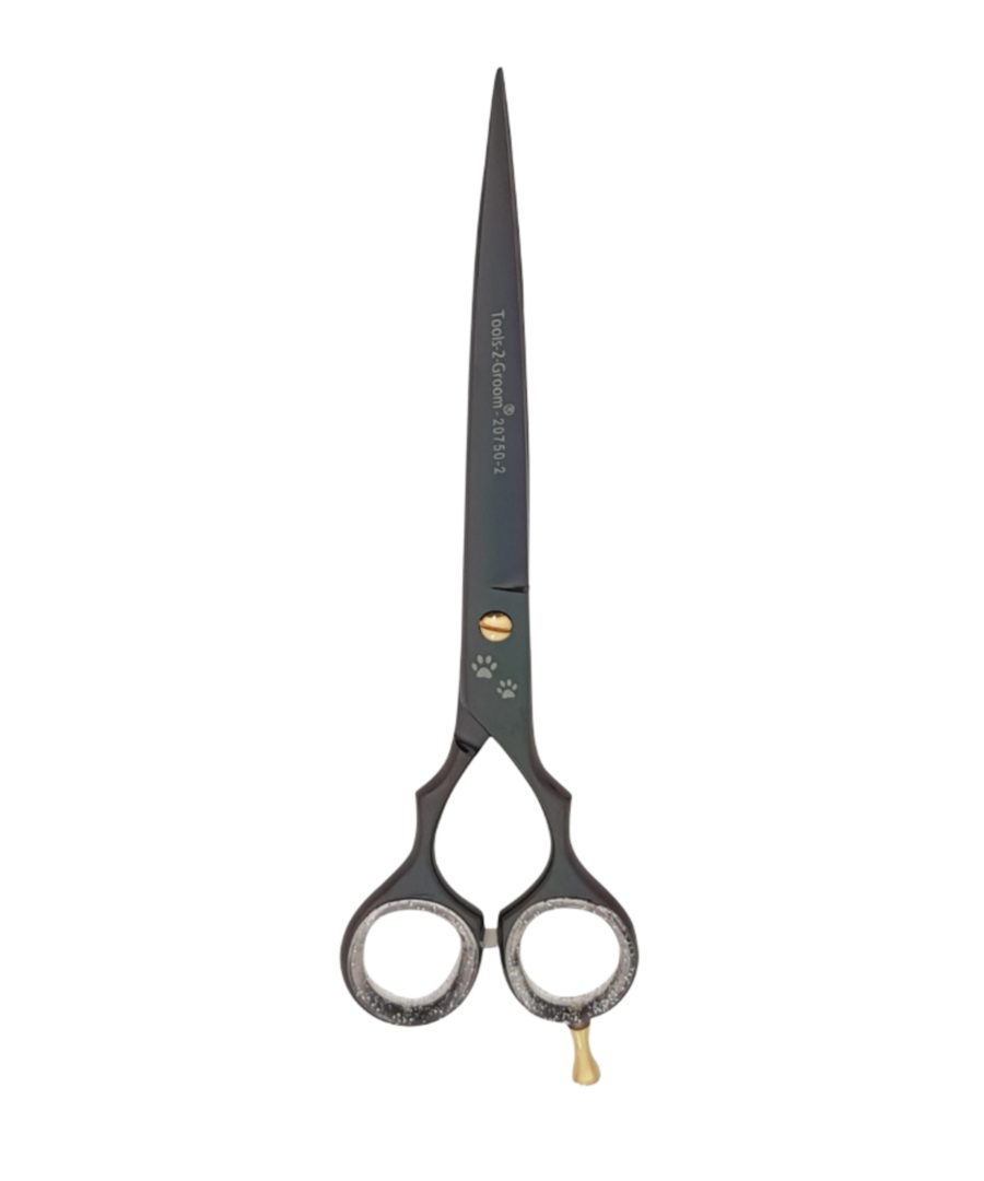 Rechte trimschaar Black Edge 19 cm (7,5 inch) satin steel mat zwart met stelschroef, demper, siliconen inzetringen en pinksteun