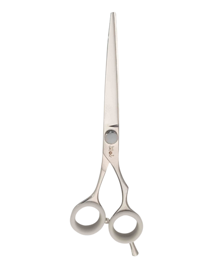 Pro Razor rechte trimschaar 18 cm / 7″ gepolijst staal met stelschroef, demper, siliconen inzetringen en pinksteun