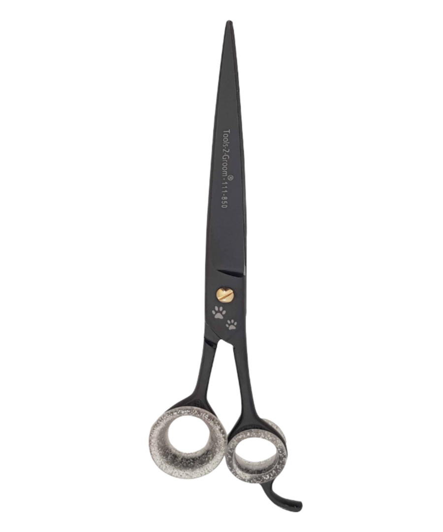 Rechte trimschaar Black Edge 21 cm (8,5 inch) breed blad mat zwart met stelschroef, demper, siliconen inzetringen en pinksteun