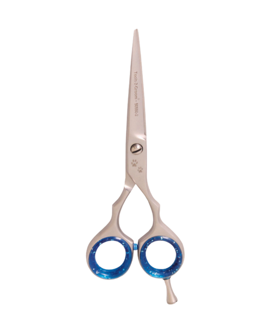 Gebogen trimschaar Sharp Edge 15,5 cm (6″) – gebogen blad met stelschroef, demper, silicone inzetringen en pinksteun