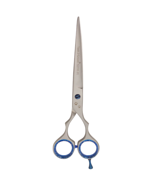 Gebogen trimschaar Sharp Edge 18 cm (7″) met stelschroef, demper, silicone inzetringen en pinksteun – ideaal voor randen en poten