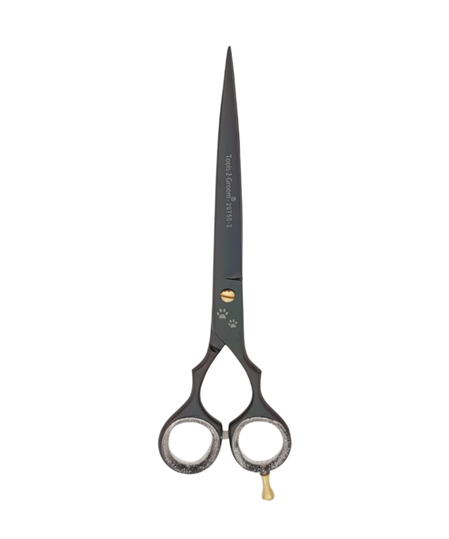 Gebogen trimschaar Black Edge 19 cm (7,5″) mat zwart – professionele schaar met stelschroef, demper, silicone inzetringen en pinksteun