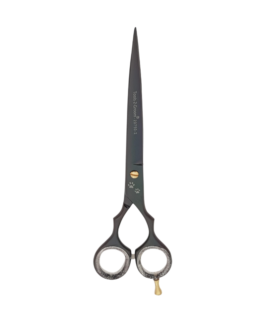 Gebogen trimschaar Black Edge 19 cm (7,5″) mat zwart – professionele schaar met stelschroef, demper, silicone inzetringen en pinksteun