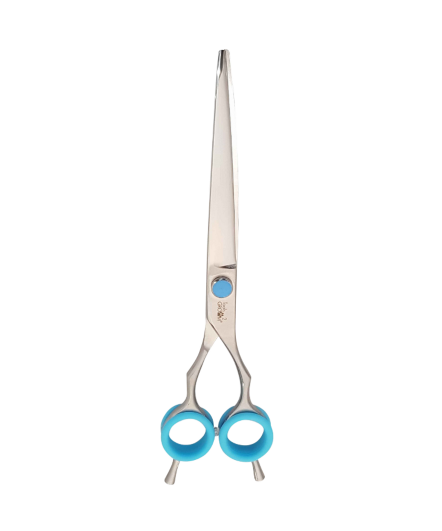 Gebogen trimschaar Pro Razor 20 cm (8″) met stelschroef, demper, siliconen inzetringen en dubbele pinksteun — ideaal voor pootjes en randen