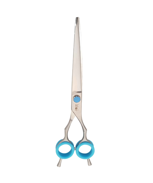 Gebogen trimschaar Pro Razor 20 cm (8″) met stelschroef, demper, siliconen inzetringen en dubbele pinksteun — ideaal voor pootjes en randen