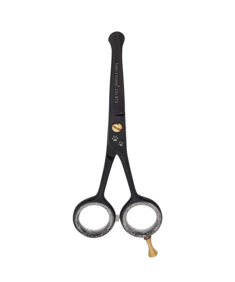 Gebogen potenschaartje Black Edge 13 cm (5″) mat zwart satin steel met stompe punten, stelschroef, demper, siliconen inzetringen en pinksteun