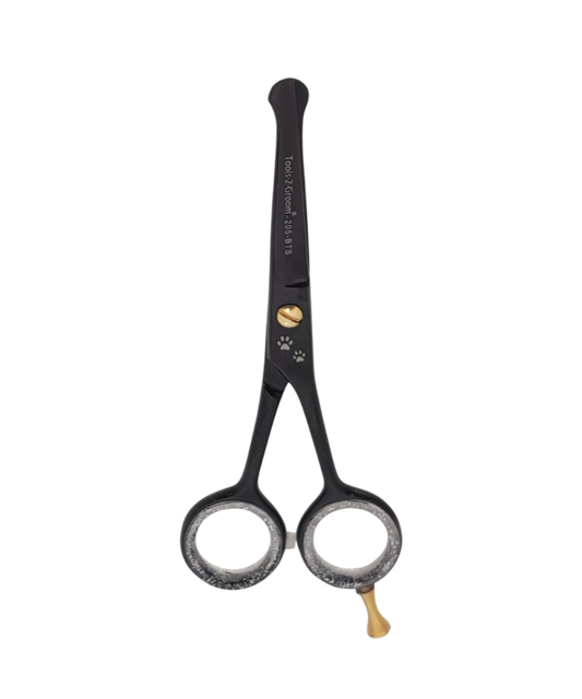 Gebogen potenschaartje Black Edge 13 cm (5″) mat zwart satin steel met stompe punten, stelschroef, demper, siliconen inzetringen en pinksteun