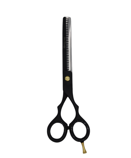 Enkele effileerschaar Het Maatje 15 cm zwart satin steel – inclusief etui, stelschroef, demper, silicone inzetringen en pinksteun