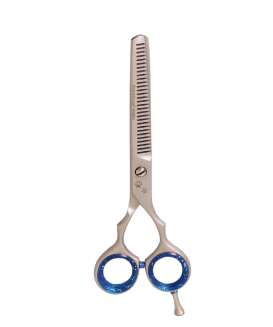 Dubbelzijdige effileerschaar Sharp Edge 15,5 cm (6″) – twee bladen met tandjes, inclusief stelschroef, demper en silicone inzetringen