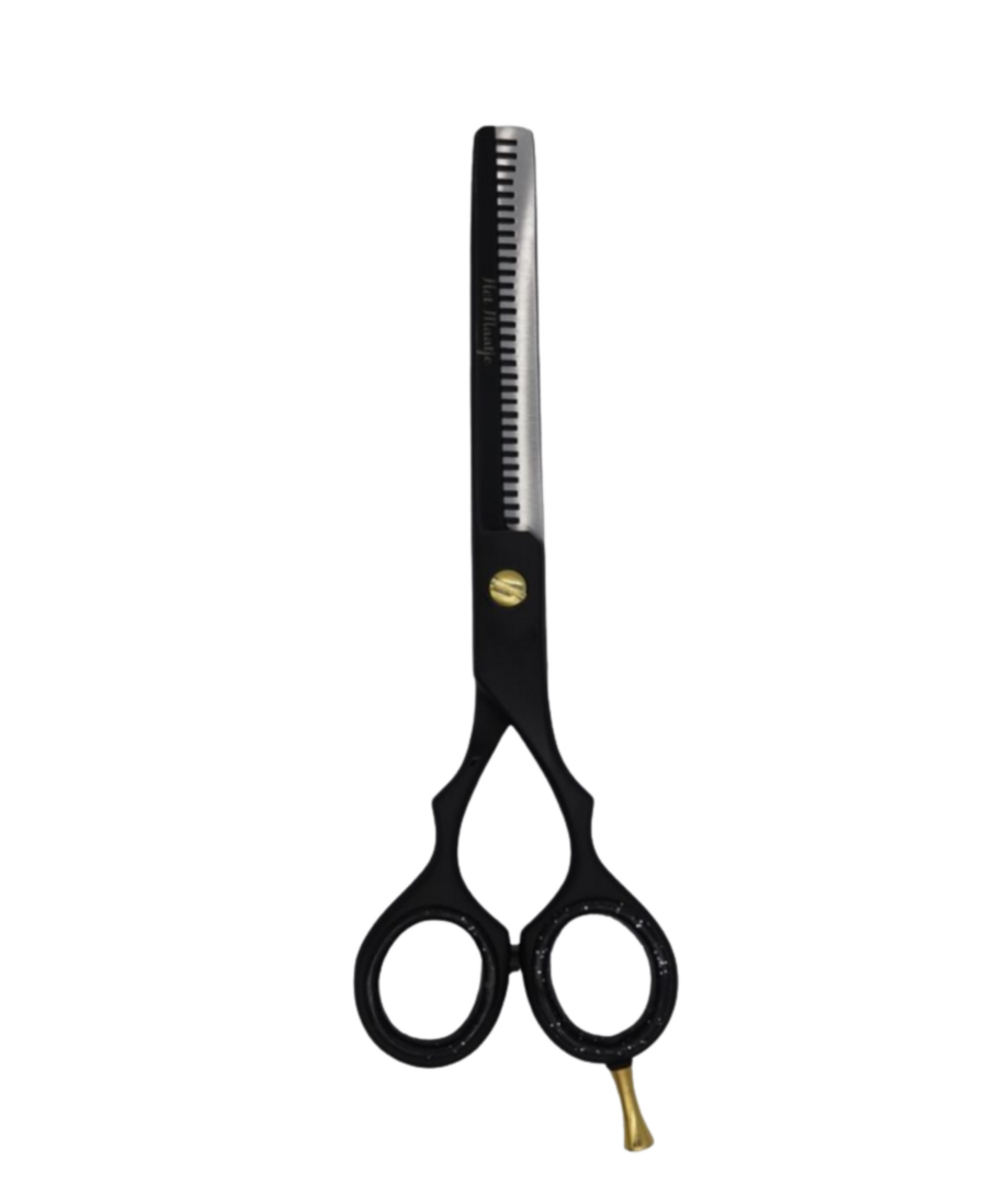 Dubbelzijdige effileerschaar Het Maatje 16,5 cm (6,5″) zwart satin steel – twee bladen met tandjes, inclusief etui, stelschroef, demper en pinksteun