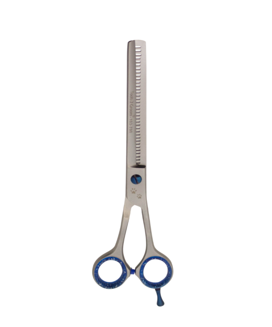 Enkelzijdige effileerschaar Sharp Edge 18 cm (7″) satin steel – één blad met tandjes en één glad blad, inclusief stelschroef, demper, siliconen inzetringen en pinksteun