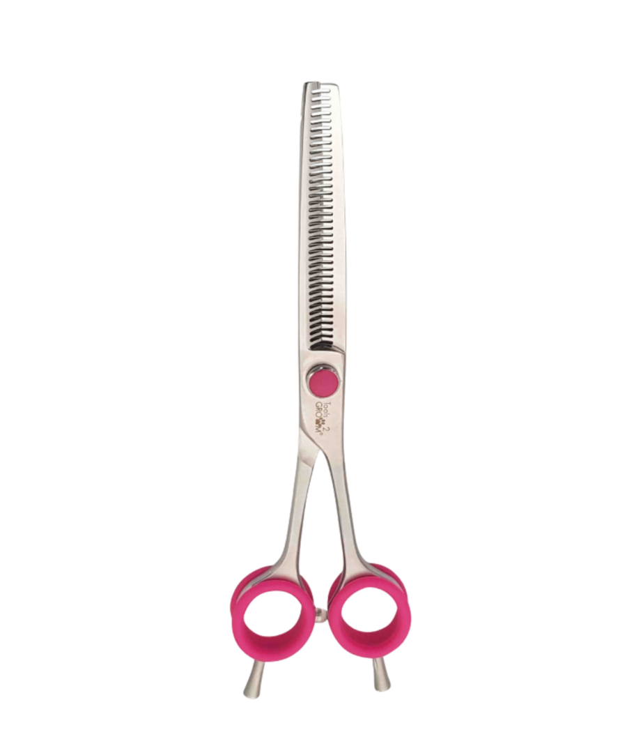 Dubbelzijdige effileerschaar 18 cm (7″) Pro Razor – twee bladen met tandjes, stelschroef, demper, silicone inzetringen en dubbele pinksteun