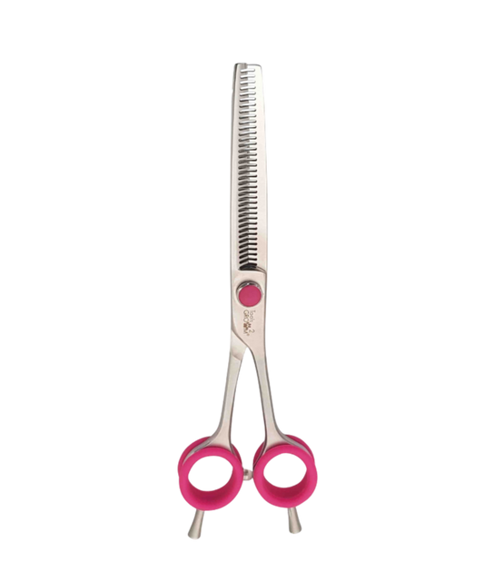 Dubbelzijdige effileerschaar 18 cm (7″) Pro Razor – twee bladen met tandjes, stelschroef, demper, silicone inzetringen en dubbele pinksteun
