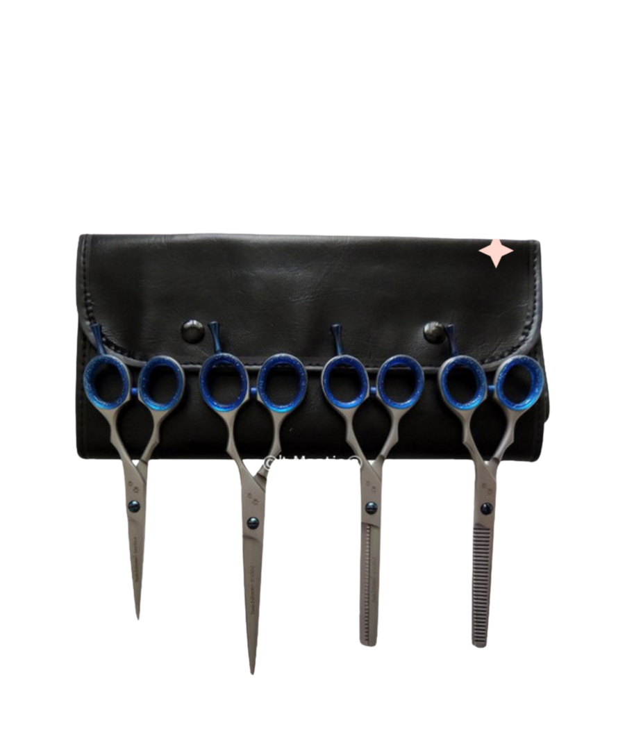 4-delige scharenset Sharp Edge – bevat rechte schaar 14 cm, rechte schaar 19 cm, enkelzijdige effileerschaar 15,5 cm, dubbelzijdige effileerschaar 15,5 cm + etui