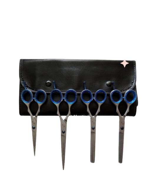 4-delige scharenset Sharp Edge – bevat rechte schaar 14 cm, rechte schaar 19 cm, enkelzijdige effileerschaar 15,5 cm, dubbelzijdige effileerschaar 15,5 cm + etui