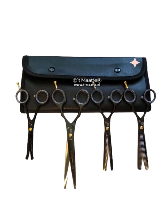 4-delige scharenset Black Edge – bevat potenschaartje, rechte schaar 19 cm, enkelzijdige effileerschaar 15,5 cm, dubbelzijdige effileerschaar 15,5 cm, inclusief etui