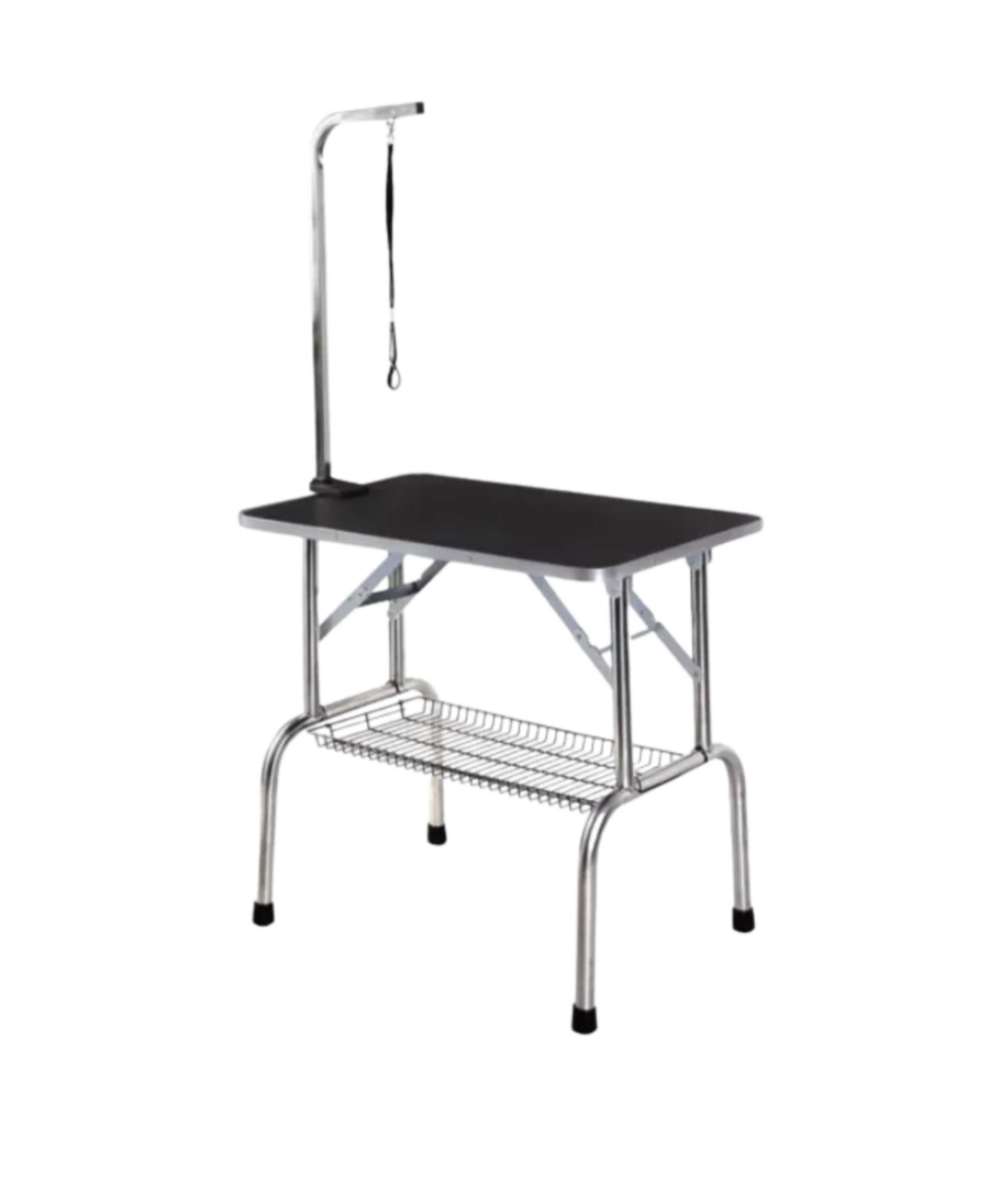 Inklapbare trimtafel 82 × 50 × 80 cm zwart – anti-slip werkblad, RVS-poten, inclusief trimarm & lus