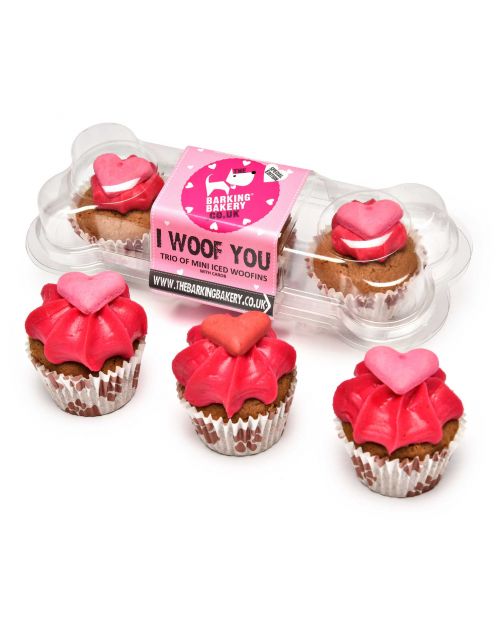 Barking Bakery I Woof You Valentines Mini Iced Trios – 3 mini woofin hondencupcakes met roze yoghurt topping