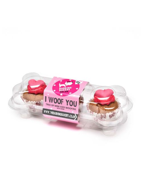 Barking Bakery I Woof You Valentines Mini Iced Trios – 3 Mini Woofins Hondensnacks met Yoghurt Topping