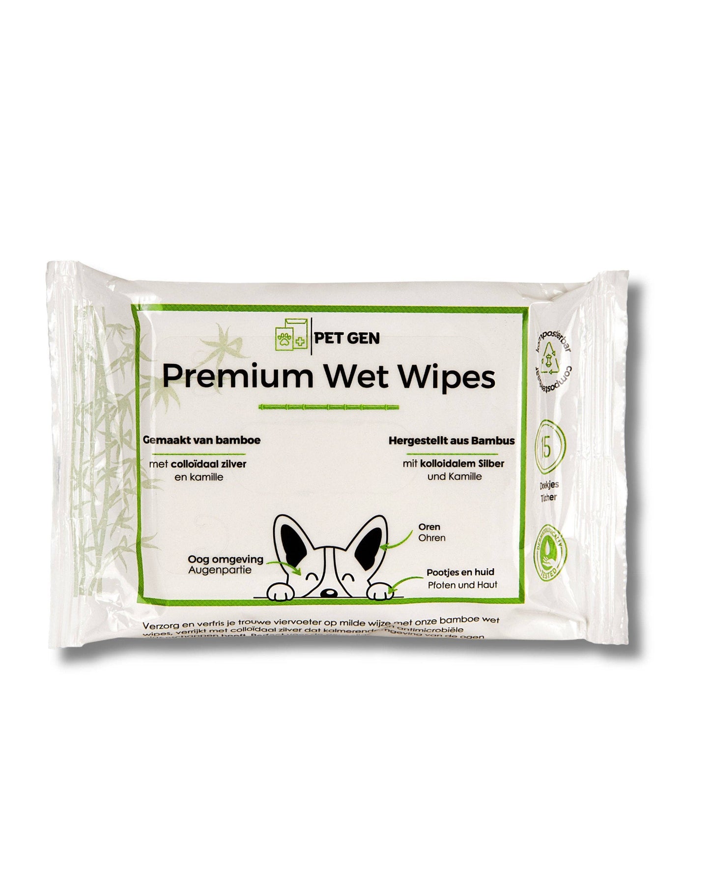 Premium Wet Wipes met colloïdaal zilver en kamille – vochtige doekjes voor honden & katten (15 stuks)