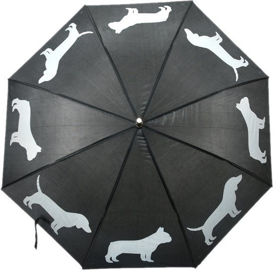 Design Paraplu met Reflecterende Honden – Zwart (Ø 85 cm) | Stijlvol & Veilig in het Donker