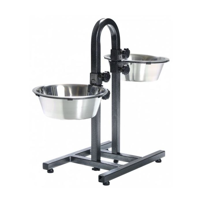 Topmast Verstelbare Voederstandaard H-vorm + 2 RVS Bakken Ø21 cm – 2×1,6L (tot 43 cm hoog)