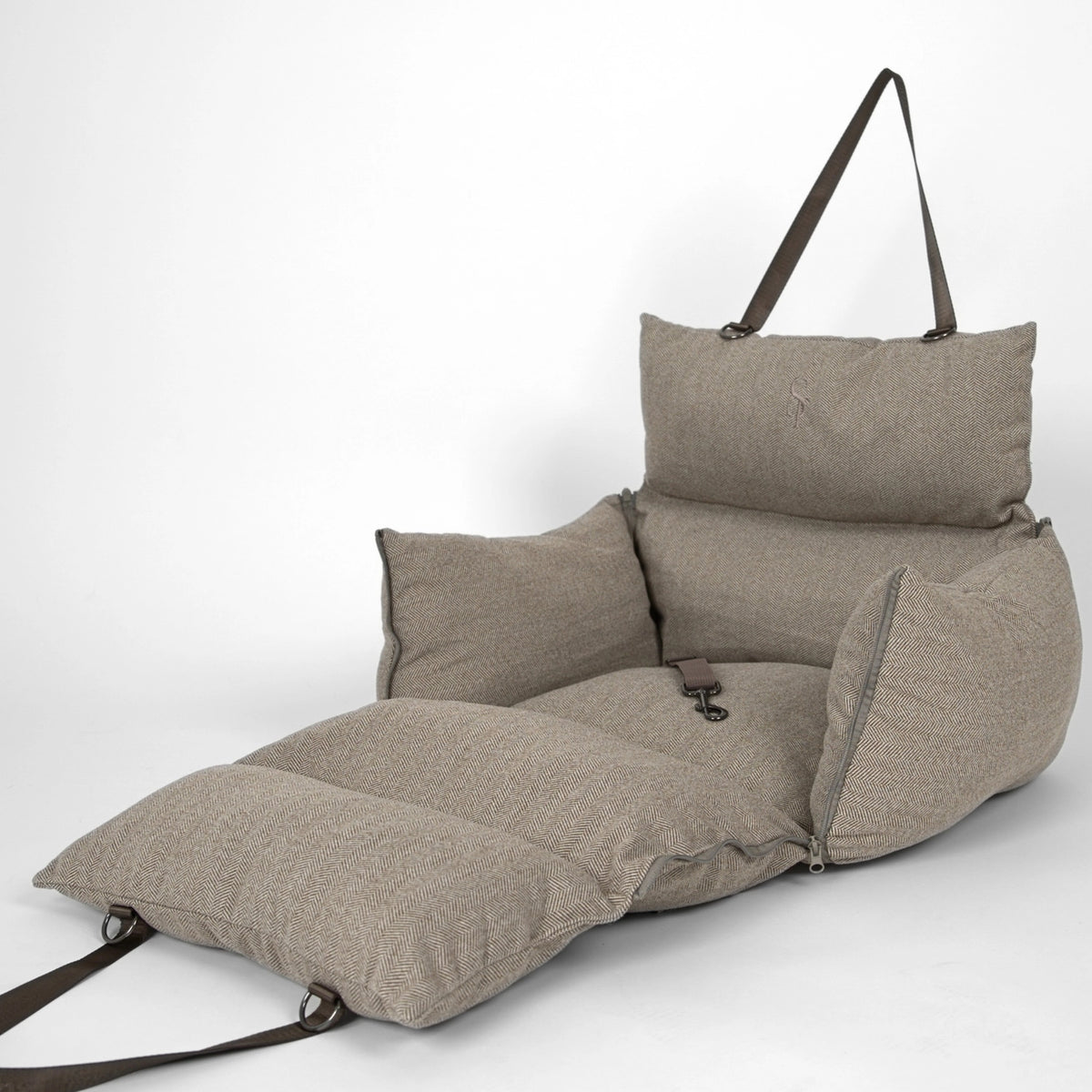 Thea 3-in-1 Honden Autostoel, Draagtas & Reisbed – Visgraat Mocca