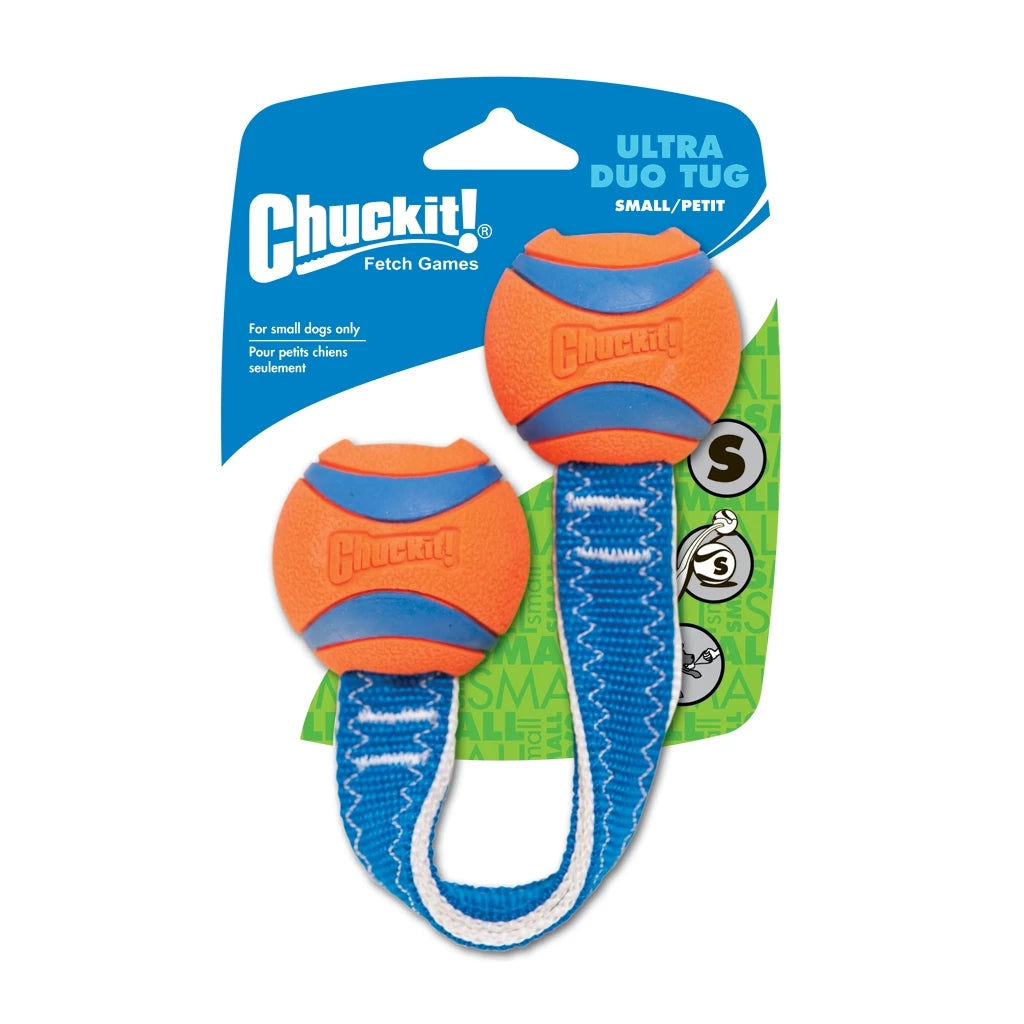 Chuckit! Ultra Duo Tug hondenspeeltje met twee tennisballen en stevig nylon lint, verkrijgbaar in S en M.