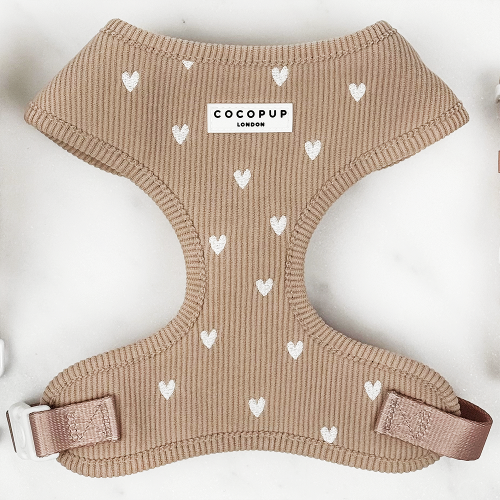 Cocopup Chai Hearts verstelbaar hondentuig in nude cord met witte hartjes