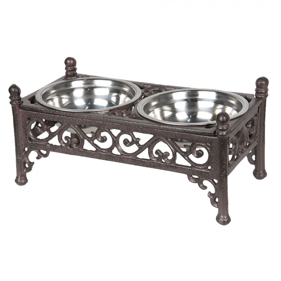 Clayre & Eef Voerbak – Honden & Katten – Bruin IJzer (28×15×13 cm)