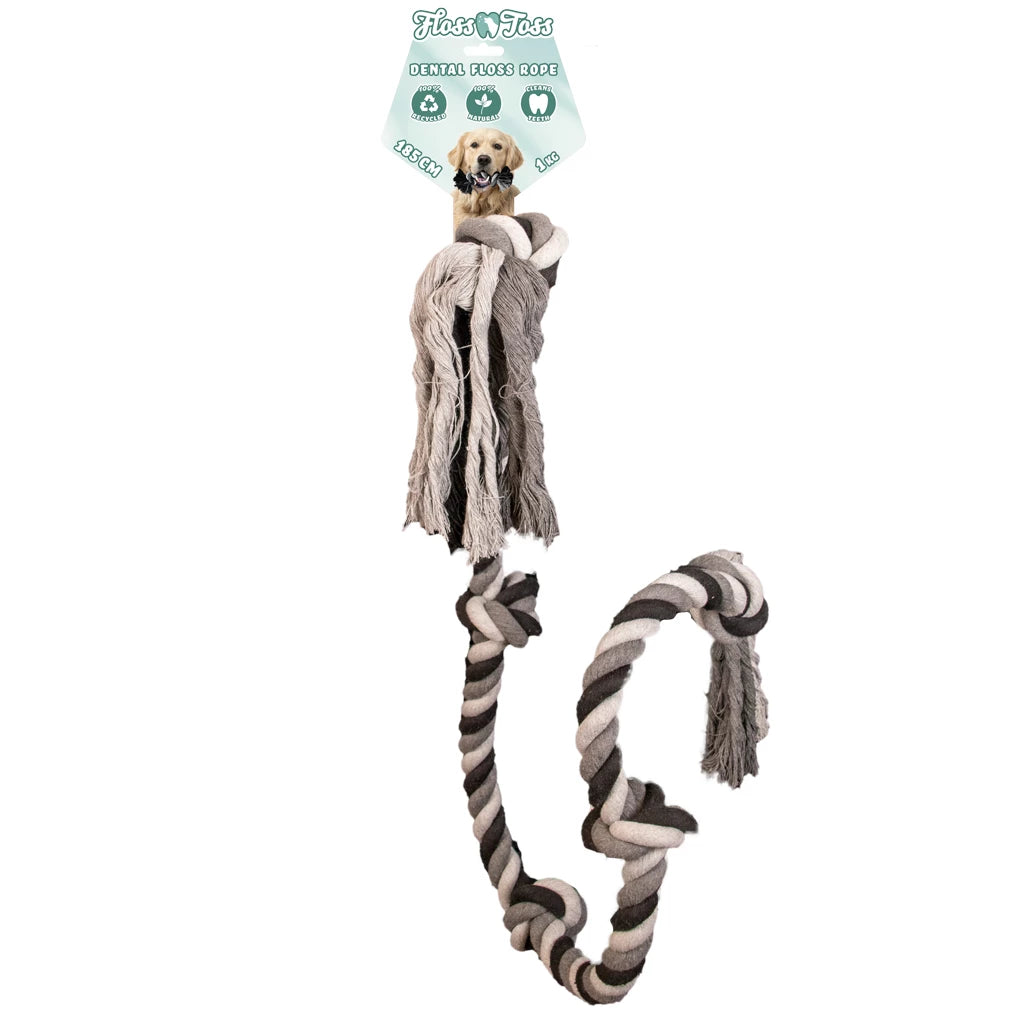 Floss Toss Dental Rope hondenspeeltje van natuurlijk katoen met knopen, verkrijgbaar in alle maten.