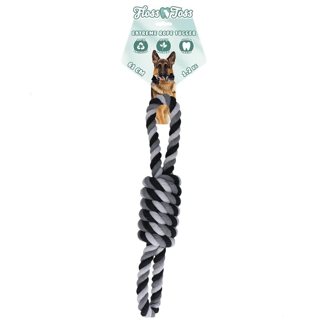 Floss Toss Extreme 8-Tugger hondenspeeltje van natuurlijk katoen in 8-vorm met knopen, 61 cm.