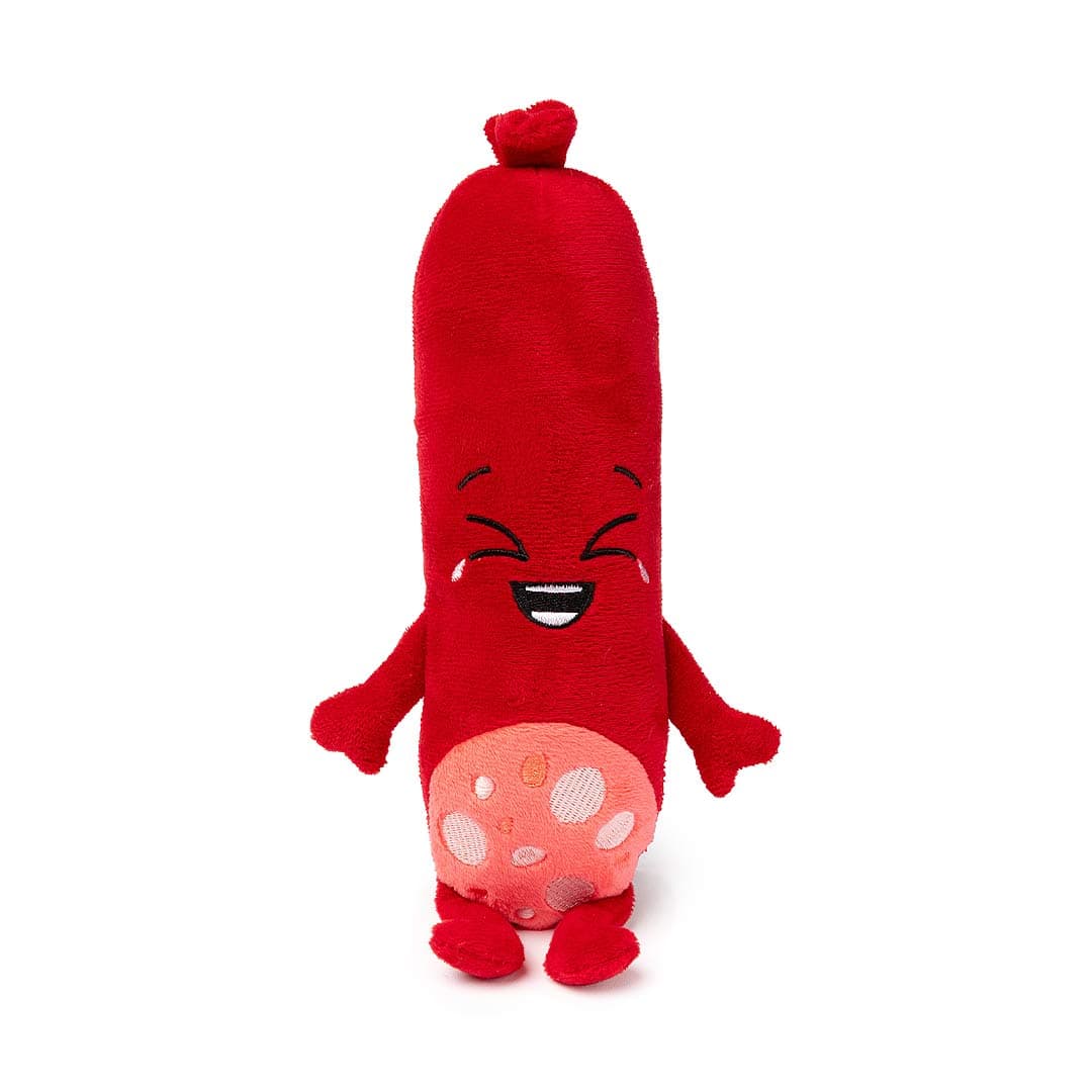 FuzzYard Meat Head Peper-Toni pluche hondenspeeltje in de vorm van een vrolijke salamiworst met geborduurd gezicht.