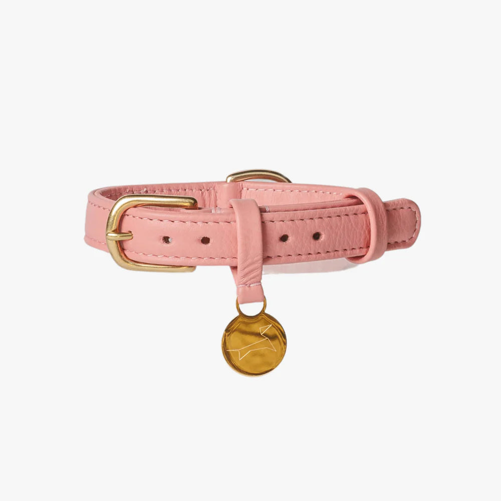 Luxe leren halsband roze met gepersonaliseerde penning