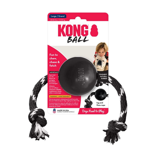 KONG Extreme Ball met touw L – zwarte rubber hondenbal met katoenen touw voor apporteren en trekken