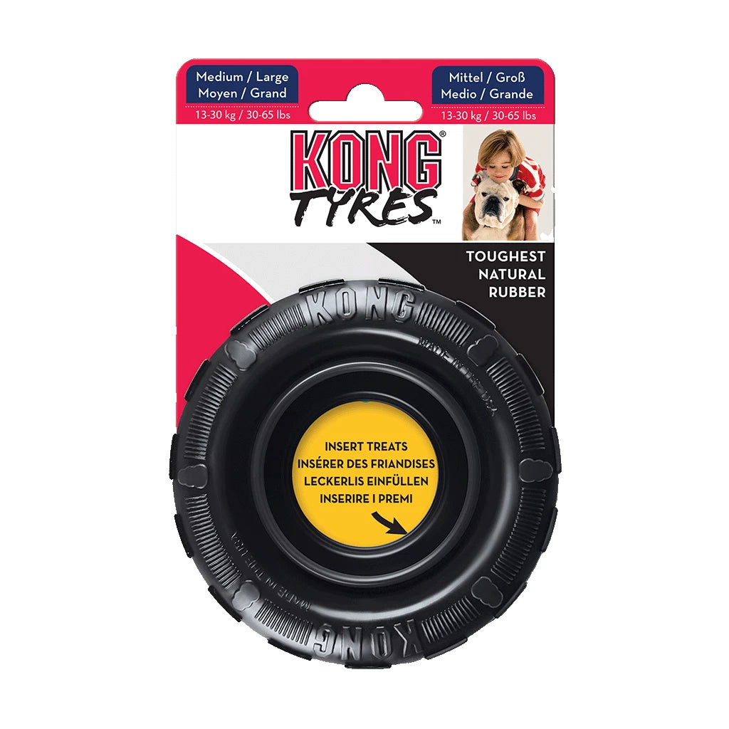 KONG Extreme Tyres hondenspeeltje van natuurlijk rubber in autobandvorm, verkrijgbaar in small en M/L.
