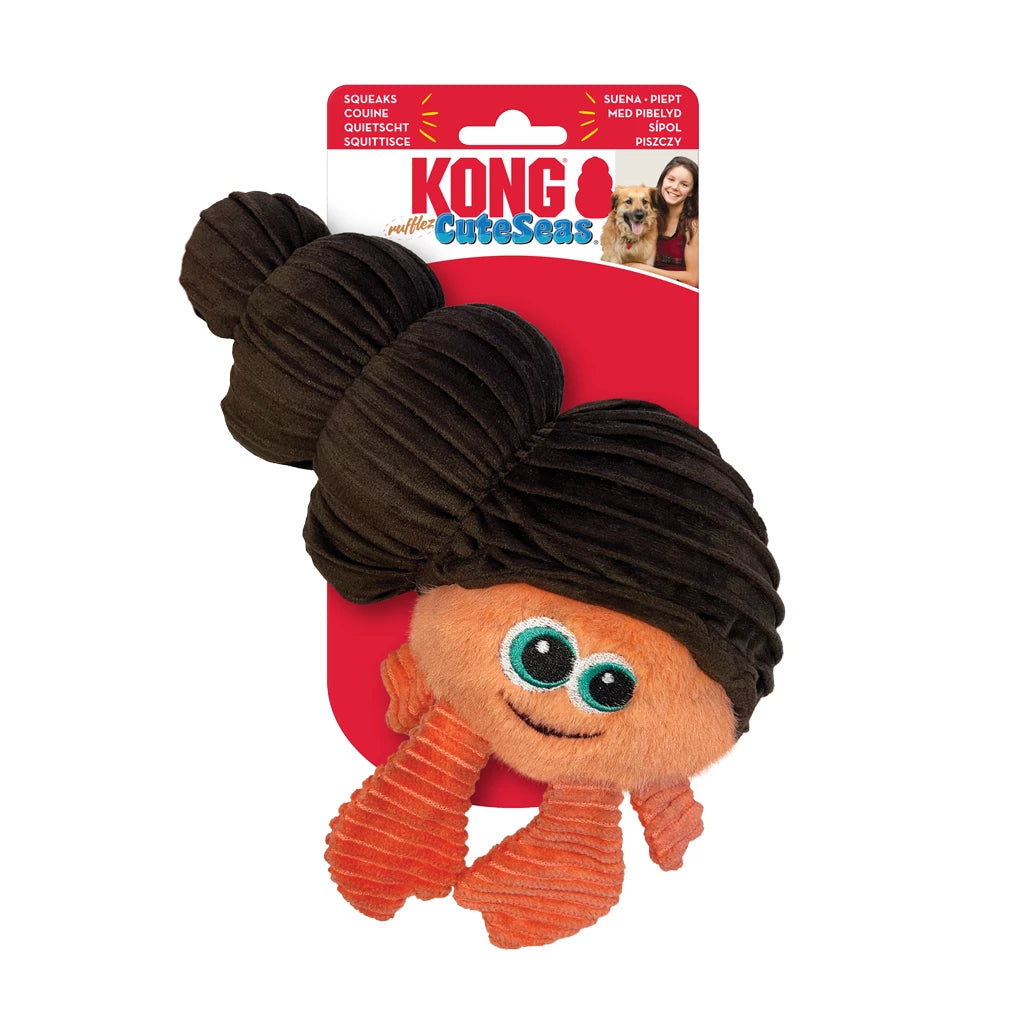 KONG CuteSeas Rufflez Hermit Crab S/M zacht pluche hondenspeeltje in de vorm van een heremietkreeft met pieper.