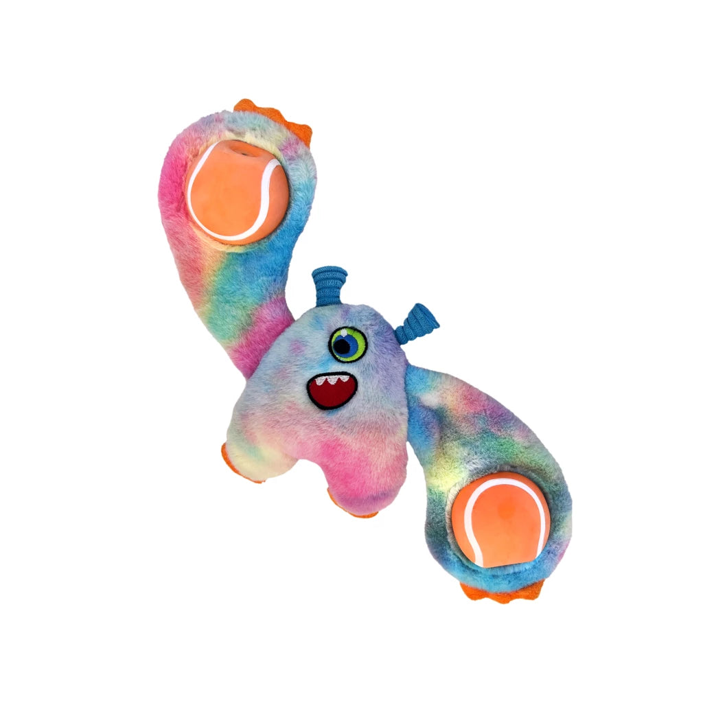 KONG Woozles Monster Assorted zacht pluche hondenspeeltje met tennisbal-armen en piepers.